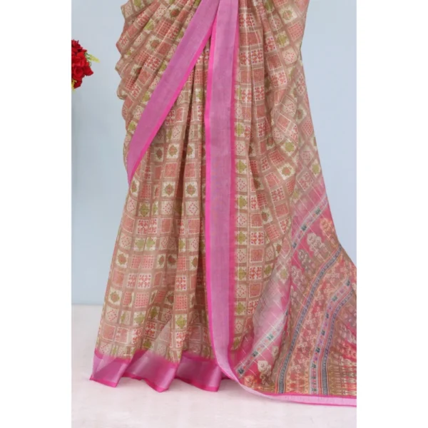 Generic Women's Linen Digital Print Saree With Unstitched Blouse 5.5Mtr (Pink) - Image 4