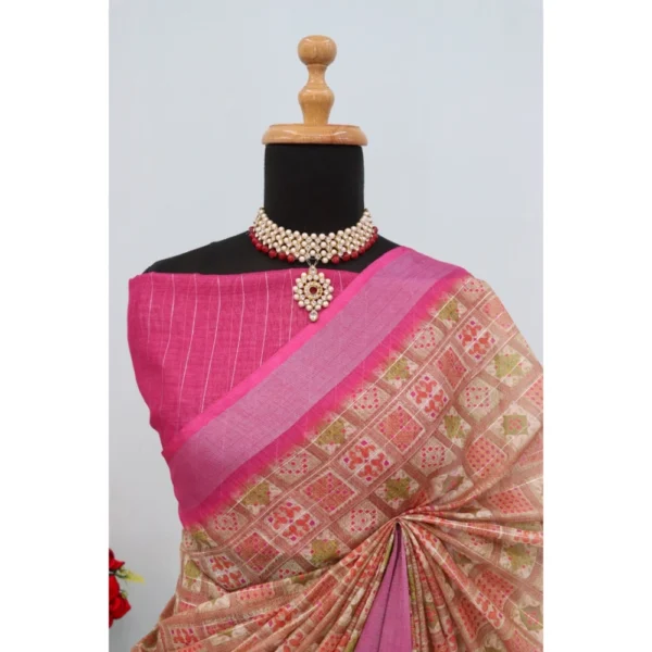 Generic Women's Linen Digital Print Saree With Unstitched Blouse 5.5Mtr (Pink) - Image 3