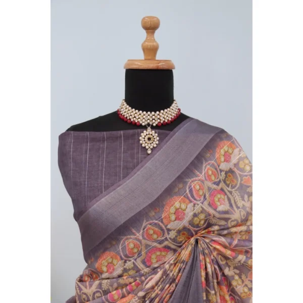 Generic Women's Linen Digital Print Saree With Unstitched Blouse 5.5Mtr (Grey) - Image 2