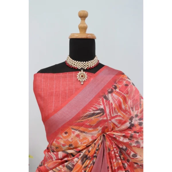 Generic Women's Linen Digital Print Saree With Unstitched Blouse 5.5Mtr (Pink) - Image 4