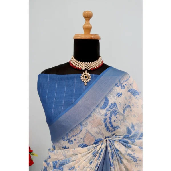 Generic Women's Linen Digital Print Saree With Unstitched Blouse 5.5Mtr (Blue) - Image 4
