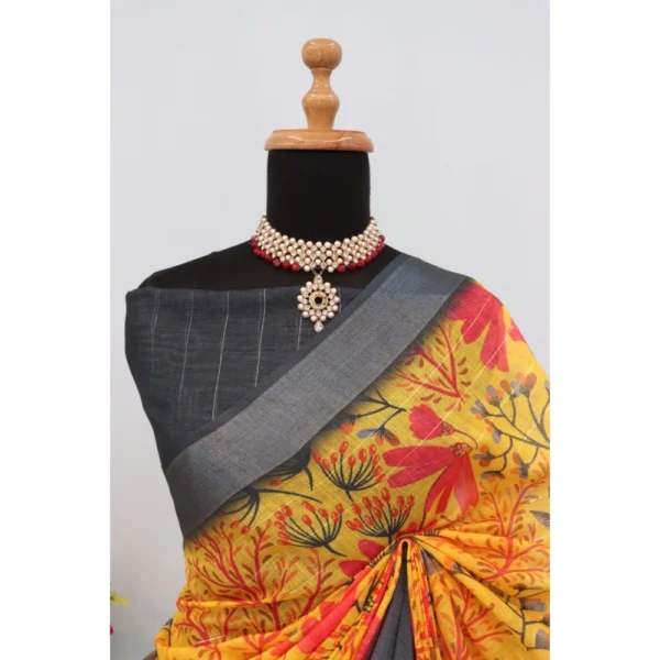 Generic Women's Linen Digital Print Saree With Unstitched Blouse 5.5Mtr (Multicolor) - Image 4