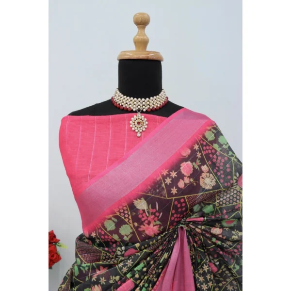 Generic Women's Linen Digital Print Saree With Unstitched Blouse 5.5Mtr (Multicolor) - Image 4