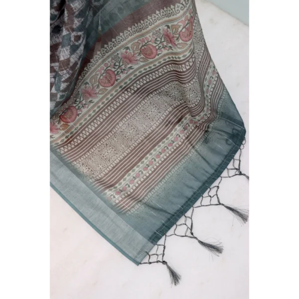 Generic Women's Linen Digital Print Saree With Unstitched Blouse 5.5Mtr (Grey) - Image 2