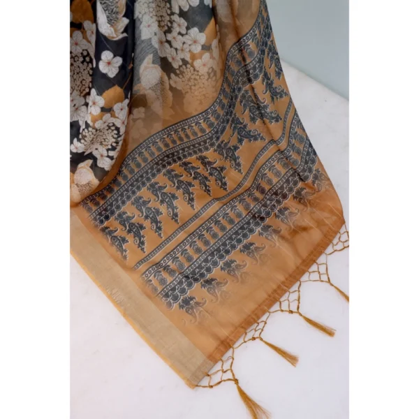 Generic Women's Linen Digital Print Saree With Unstitched Blouse 5.5Mtr (Black) - Image 2