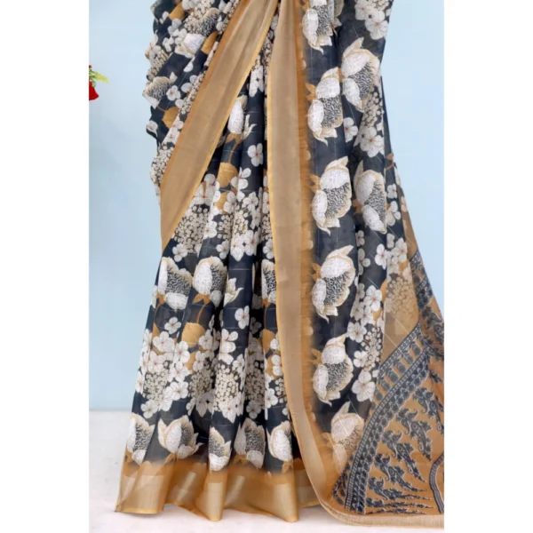 Generic Women's Linen Digital Print Saree With Unstitched Blouse 5.5Mtr (Black) - Image 3