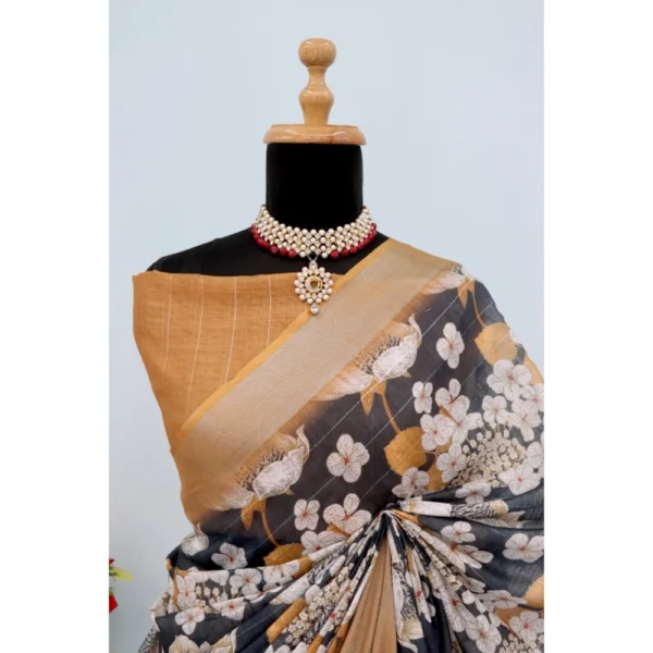 Generic Women's Linen Digital Print Saree With Unstitched Blouse 5.5Mtr (Black) - Image 4