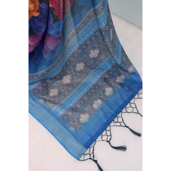 Generic Women's Linen Digital Print Saree With Unstitched Blouse 5.5Mtr (Blue) - Image 2