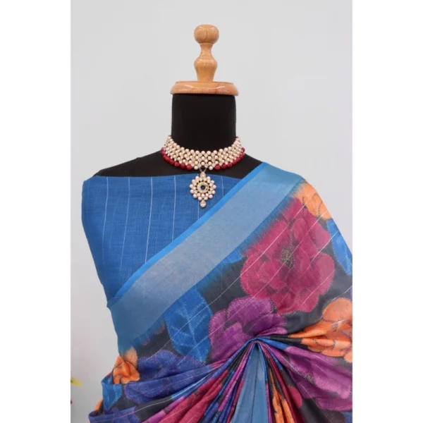Generic Women's Linen Digital Print Saree With Unstitched Blouse 5.5Mtr (Blue) - Image 4