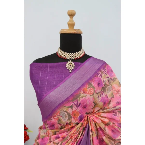 Generic Women's Linen Digital Print Saree With Unstitched Blouse 5.5Mtr (Purple) - Image 4