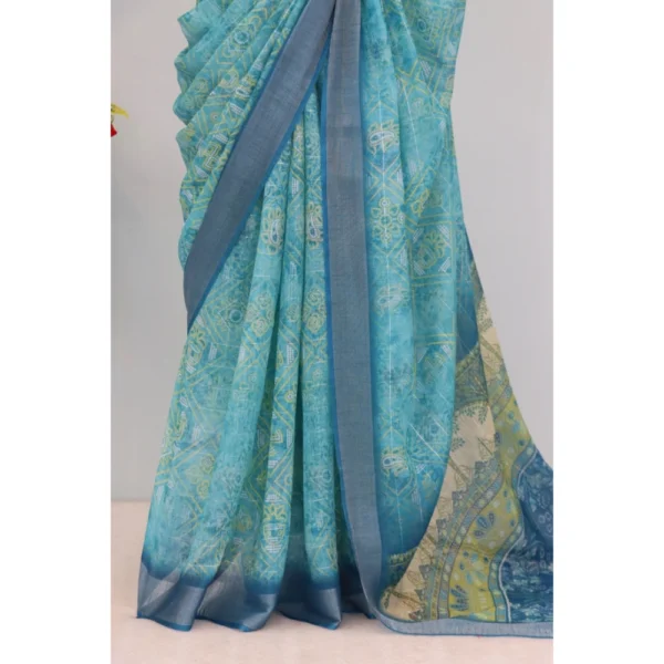 Generic Women's Linen Digital Print Saree With Unstitched Blouse 5.5Mtr (Sky Blue) - Image 3