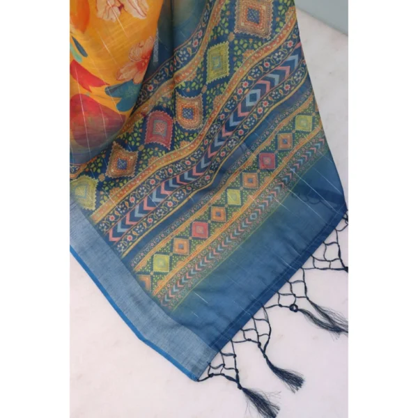 Generic Women's Linen Digital Print Saree With Unstitched Blouse 5.5Mtr (Yellow) - Image 2