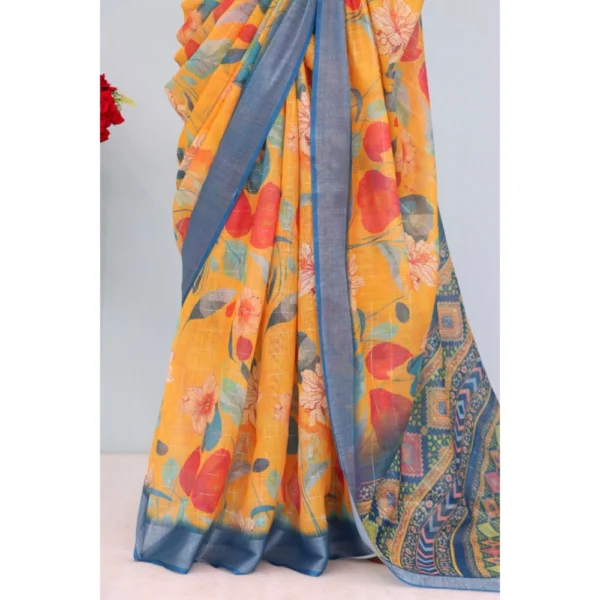 Generic Women's Linen Digital Print Saree With Unstitched Blouse 5.5Mtr (Yellow) - Image 3
