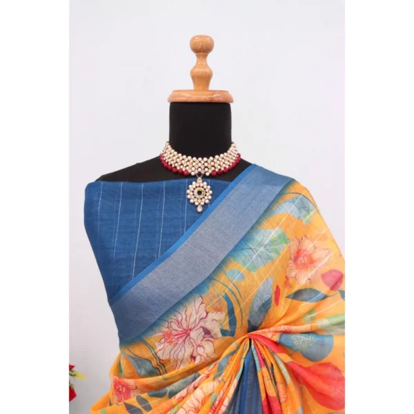 Generic Women's Linen Digital Print Saree With Unstitched Blouse 5.5Mtr (Yellow) - Image 4