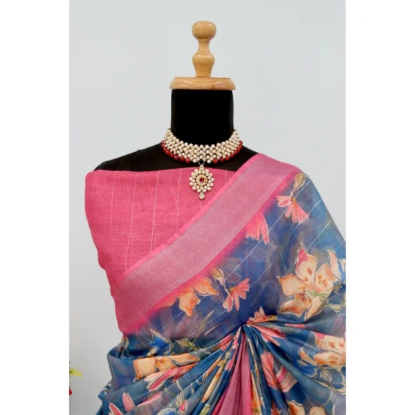 Generic Women's Linen Digital Print Saree With Unstitched Blouse 5.5Mtr (Blue) - Image 4