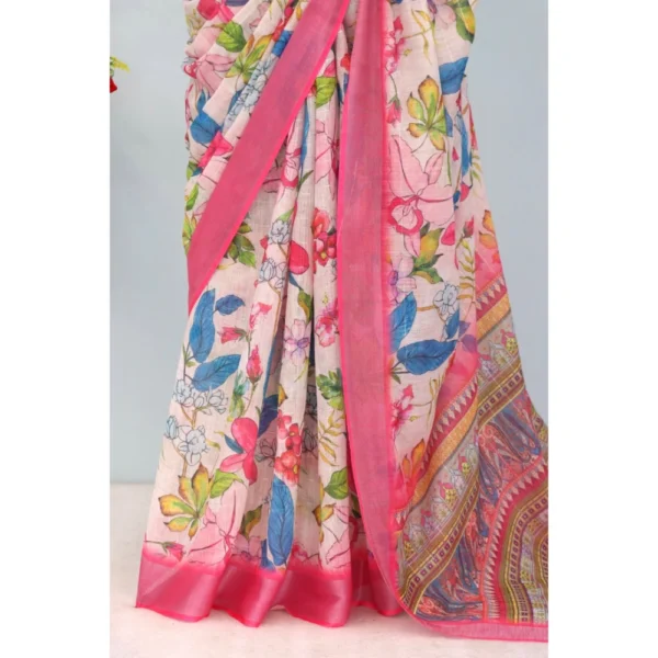 Generic Women's Linen Digital Print Saree With Unstitched Blouse 5.5Mtr (pink) - Image 3
