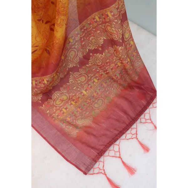 Generic Women's Linen Digital Print Saree With Unstitched Blouse 5.5Mtr (Mustard) - Image 2