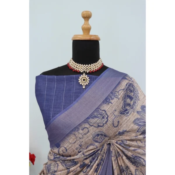 Generic Women's Linen Digital Print Saree With Unstitched Blouse 5.5Mtr (Blue) - Image 4