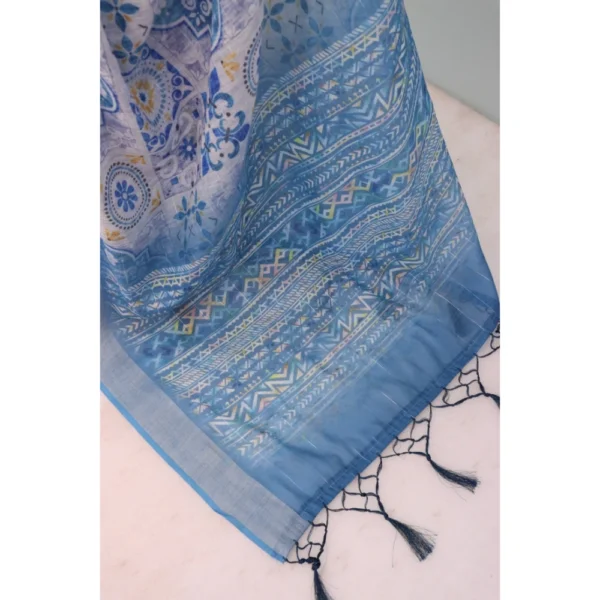 Generic Women's Linen Digital Print Saree With Unstitched Blouse 5.5Mtr (Blue) - Image 2