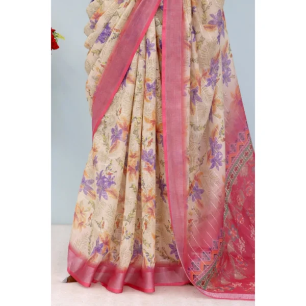 Generic Women's Linen Digital Print Saree With Unstitched Blouse 5.5Mtr (Pink) - Image 3