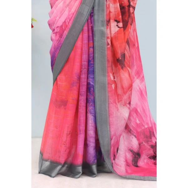 Generic Women's Linen Digital Print Saree With Unstitched Blouse 5.5Mtr (Pink) - Image 3