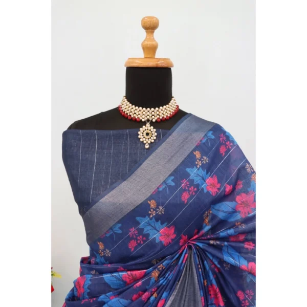 Generic Women's Linen Digital Print Saree With Unstitched Blouse 5.5Mtr (Blue) - Image 4