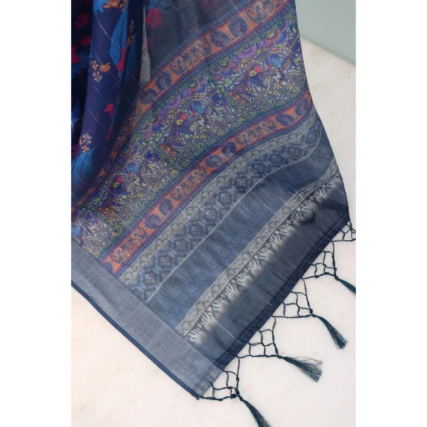 Generic Women's Linen Digital Print Saree With Unstitched Blouse 5.5Mtr (Blue) - Image 2