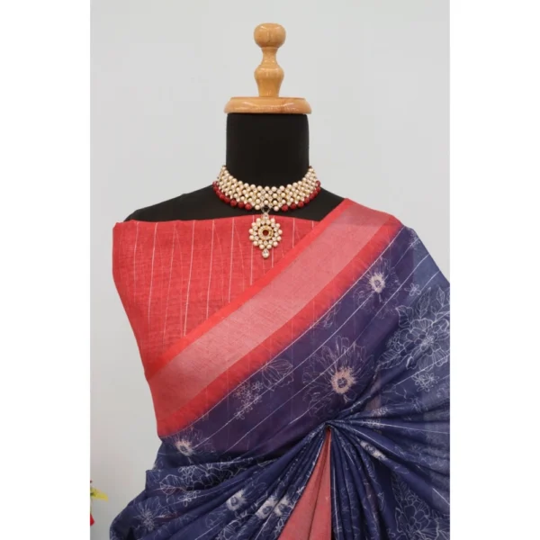 Generic Women's Linen Digital Print Saree With Unstitched Blouse 5.5Mtr (Blue) - Image 4