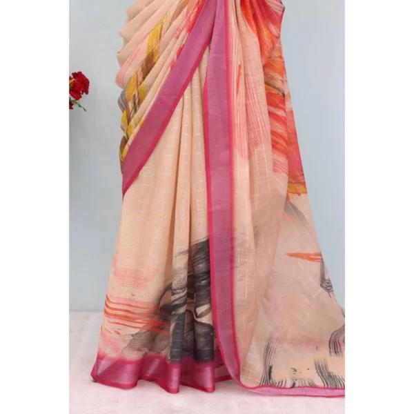 Generic Women's Linen Digital Print Saree With Unstitched Blouse 5.5Mtr (Multicolor) - Image 3
