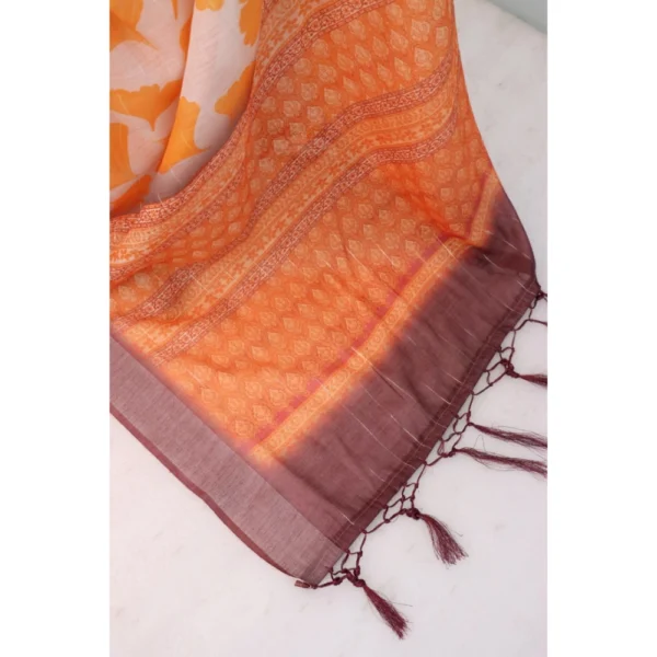 Generic Women's Linen Digital Print Saree With Unstitched Blouse 5.5Mtr (Orange) - Image 2
