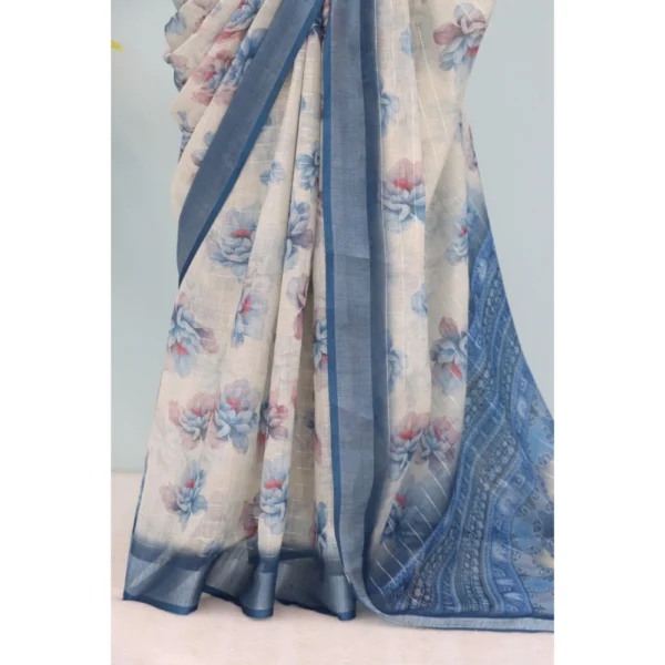 Generic Women's Linen Digital Print Saree With Unstitched Blouse 5.5Mtr (Blue) - Image 4