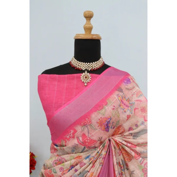Generic Women's Linen Digital Print Saree With Unstitched Blouse 5.5Mtr (Pink) - Image 4