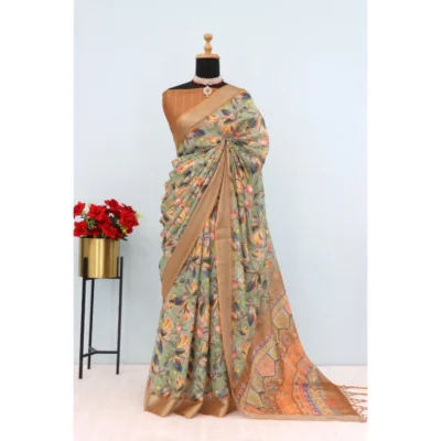 Generic Women's Linen Digital Print Saree With Unstitched Blouse 5.5Mtr (Beige)