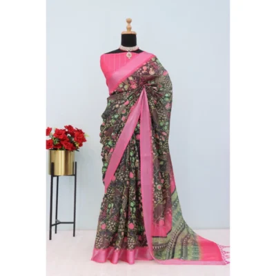 Generic Women's Linen Digital Print Saree With Unstitched Blouse 5.5Mtr (Multicolor)