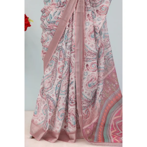 Generic Women's Linen Digital Print Saree With Unstitched Blouse 5.5Mtr (Brown) - Image 3