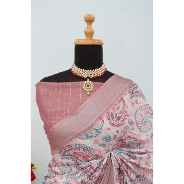 Generic Women's Linen Digital Print Saree With Unstitched Blouse 5.5Mtr (Brown) - Image 4