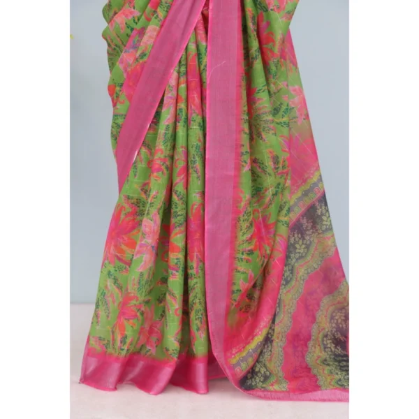 Generic Women's Linen Digital Print Saree With Unstitched Blouse 5.5Mtr (Green) - Image 3