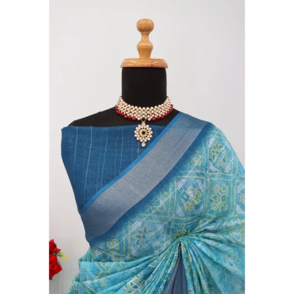 Generic Women's Linen Digital Print Saree With Unstitched Blouse 5.5Mtr (Sky Blue) - Image 4