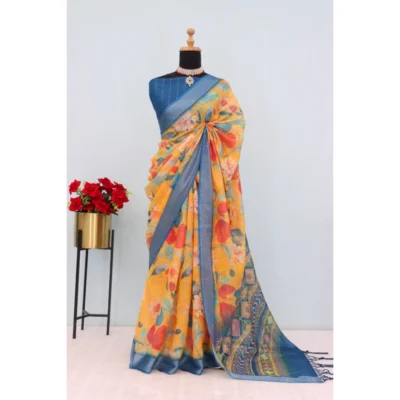 Generic Women's Linen Digital Print Saree With Unstitched Blouse 5.5Mtr (Yellow)