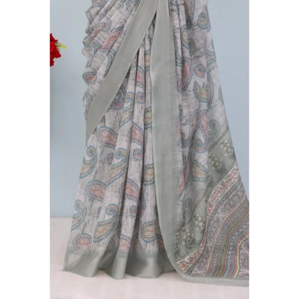Generic Women's Linen Digital Print Saree With Unstitched Blouse 5.5Mtr (Grey) - Image 3