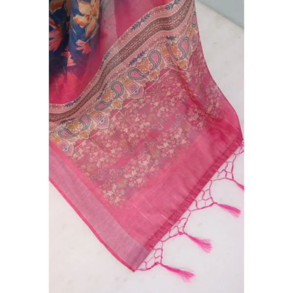 Generic Women's Linen Digital Print Saree With Unstitched Blouse 5.5Mtr (Blue) - Image 2
