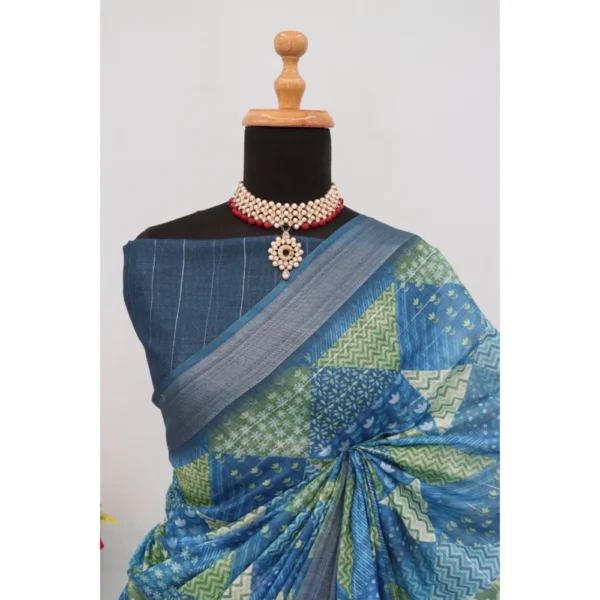 Generic Women's Linen Digital Print Saree With Unstitched Blouse 5.5Mtr (Green) - Image 2