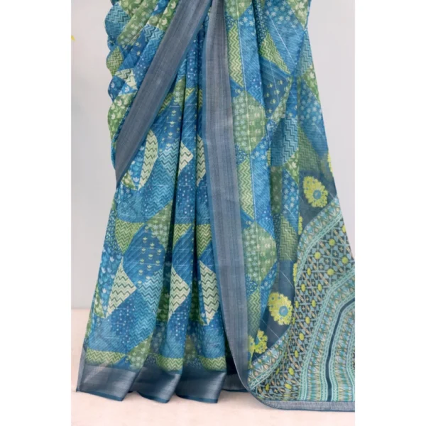 Generic Women's Linen Digital Print Saree With Unstitched Blouse 5.5Mtr (Green) - Image 3