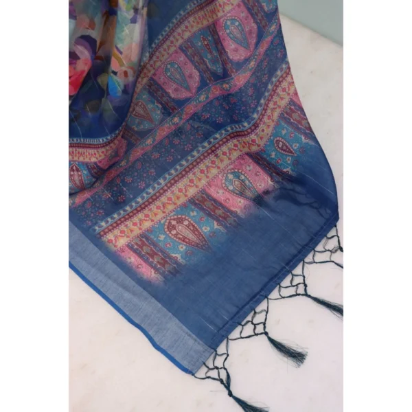 Generic Women's Linen Digital Print Saree With Unstitched Blouse 5.5Mtr (Blue) - Image 2
