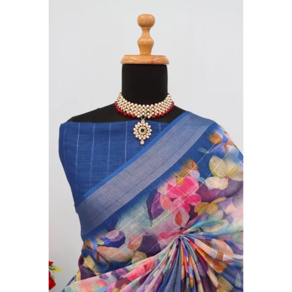 Generic Women's Linen Digital Print Saree With Unstitched Blouse 5.5Mtr (Blue) - Image 4