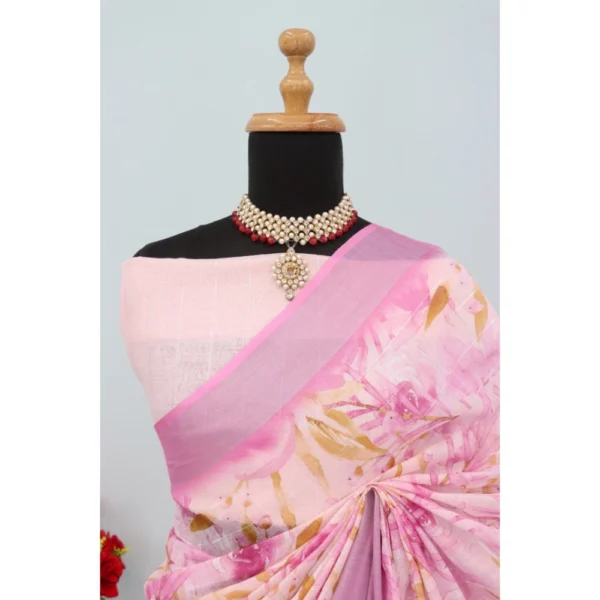 Generic Women's Linen Digital Print Saree With Unstitched Blouse 5.5Mtr (Pink) - Image 4