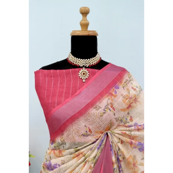 Generic Women's Linen Digital Print Saree With Unstitched Blouse 5.5Mtr (Pink) - Image 4