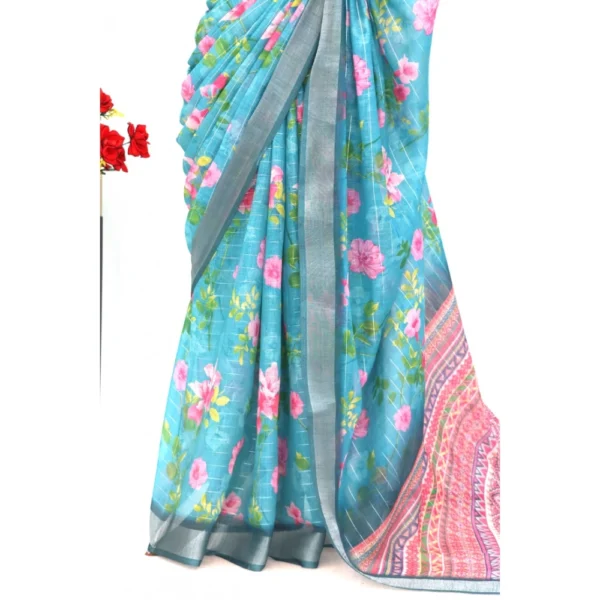 Generic Women's Linen Digital Print Saree With Unstitched Blouse 5.5Mtr (Green) - Image 3