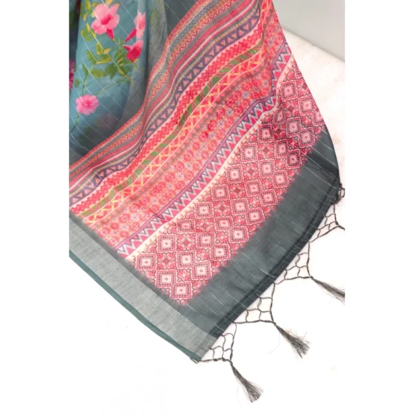 Generic Women's Linen Digital Print Saree With Unstitched Blouse 5.5Mtr (Green) - Image 2