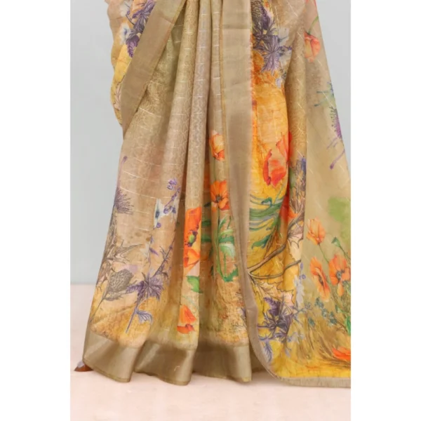 Generic Women's Linen Digital Print Saree With Unstitched Blouse 5.5Mtr (Multicolor) - Image 3